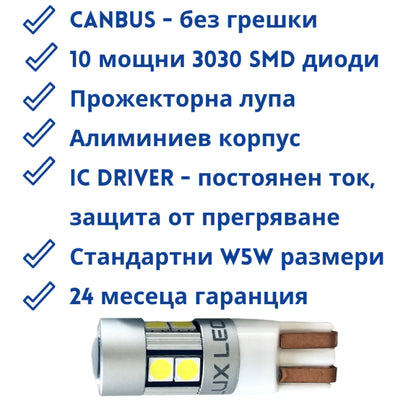 Ισχυρό φως LED W5W T10 με 2 λαμπτήρες
